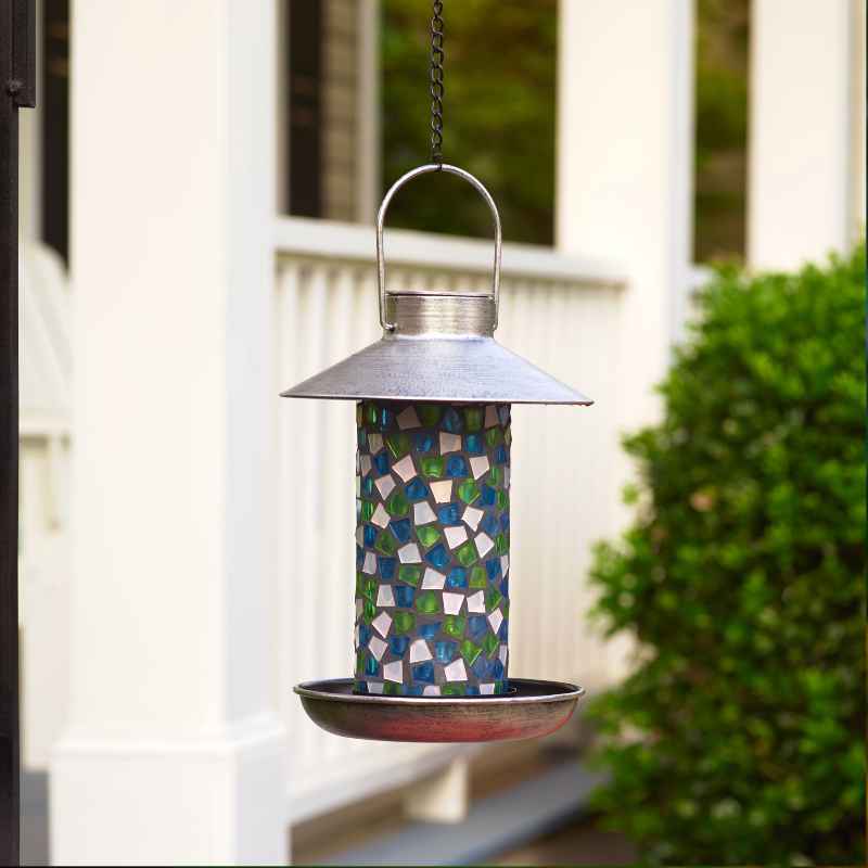 Mosaic Glass Solar Bird Feeder - Pewter